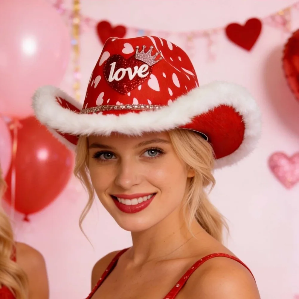 

Cool Wide Brim Red Heart Cowboy Cap Felt Woolen Cowgirls Top Hat Ethnic Style Lightweight Valentine's Day Party Hat Women