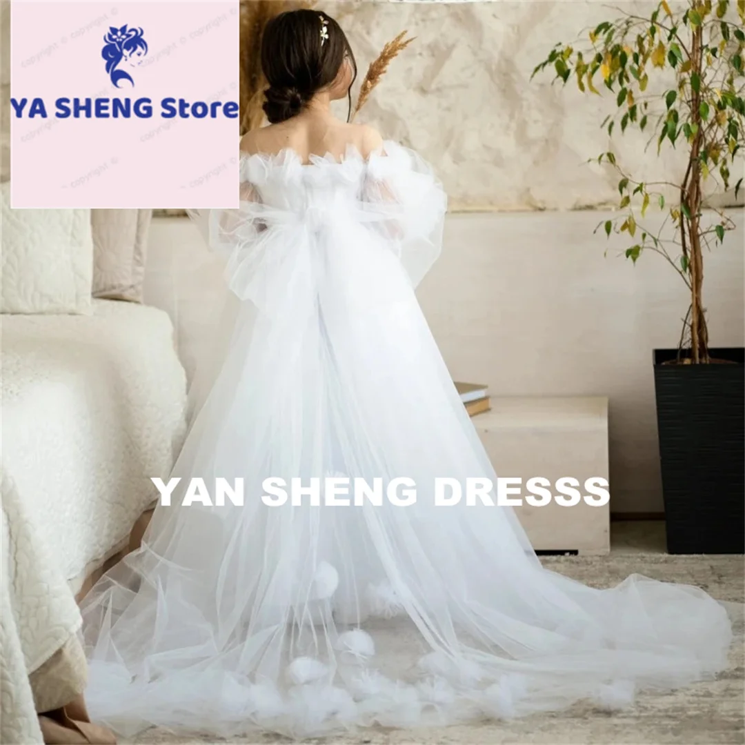 

Customized White Tulle Flower Girl Dress with Bow Pearls Long Sleeve for Wedding Birthday Party Holy Communion Gowns for Girls