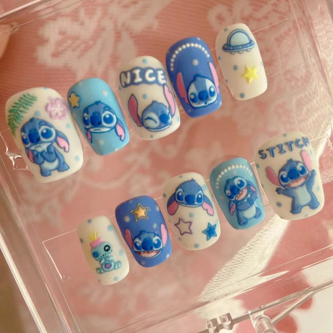 Kawaii Lilo & Stitch Fake Nail Stickers Disney Cartoon Short Ladder Nail Patch Cute Artificial Manicure Nail Art Accessories