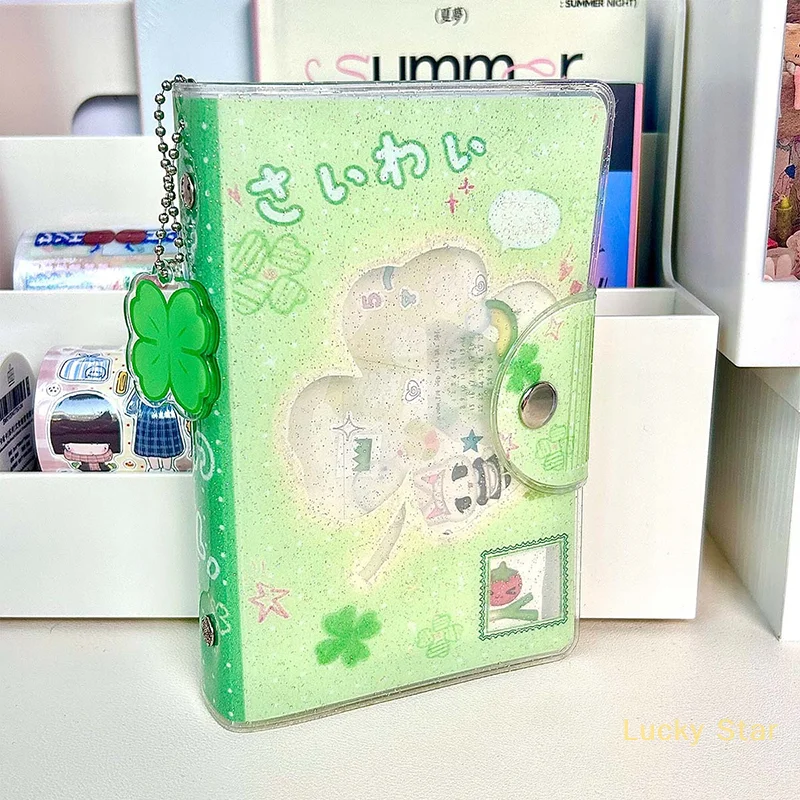 Removable Loose-Leaf Notebook Sticker Storage Book A7 Binder Four-Leaf Clover&Girl Glitter Pvc Pocket Notebook Portable