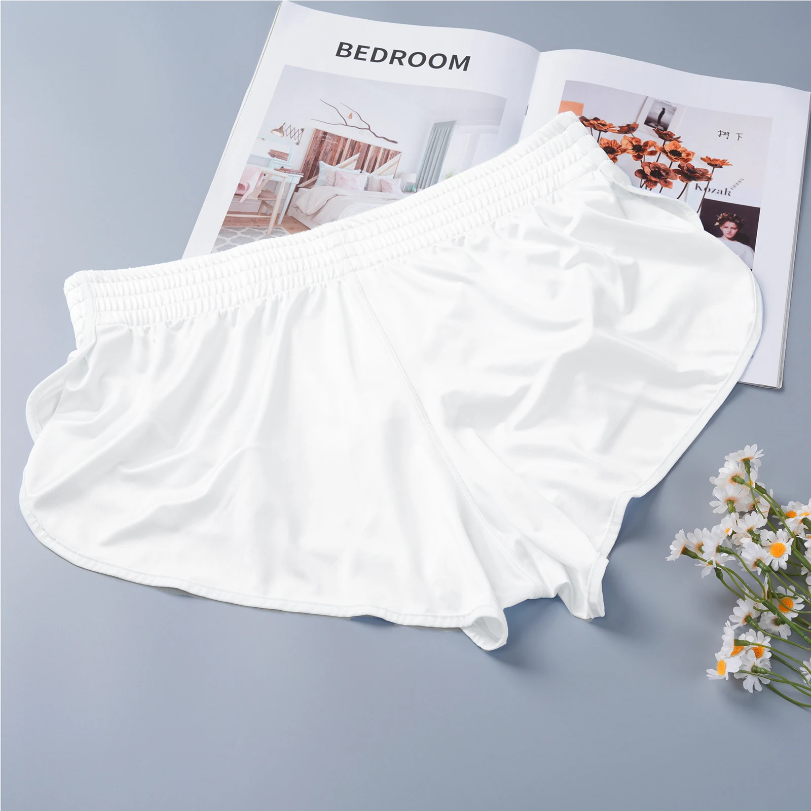 Satin-Herren-Boxershorts mit Seitenschlitz, glänzender Pfeil-Design, sexy Unterwäsche, innerer Netzbeutel, Jockstrap, Schlafhose, Homewear – Detail 14