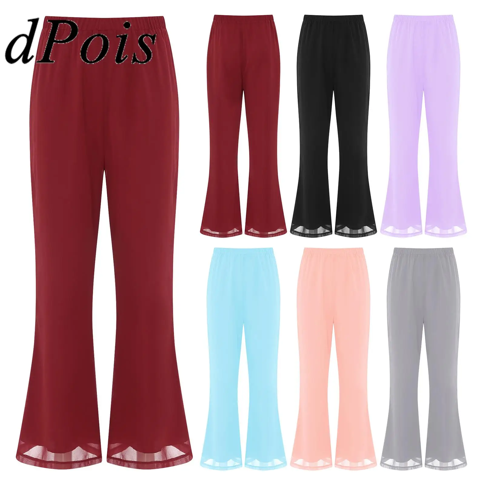 

Women Chiffon Long Pants Elastic Waistband Wide Legs Loose Trousers Elegant Pants for Party Office Casual Flares Woman's Clothes