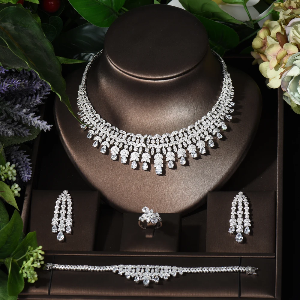 HIBRIDE Fashion Water Drop Wedding Jewelry Sets Charm Zirconia Women Accessories Necklace Earrings 4pc Sets Bridal Jewelry S-026