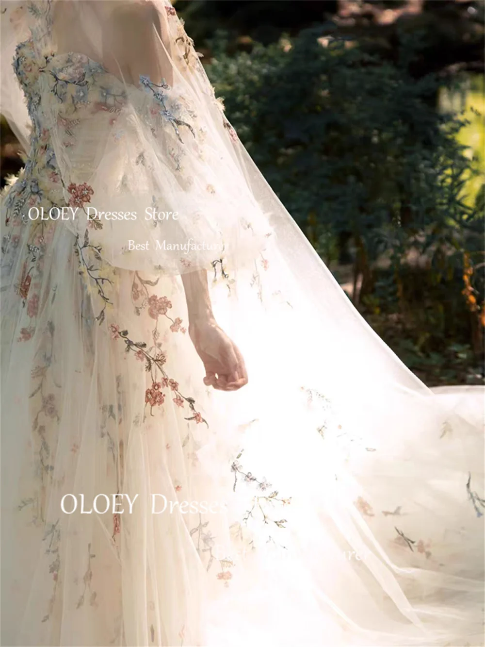 OLOEY-Robes de mariée en tulle soyeux plissé, broderie exquise, fleurs 3D, sans bretelles, quel que soit le patient, train de balayage, robe de mariée