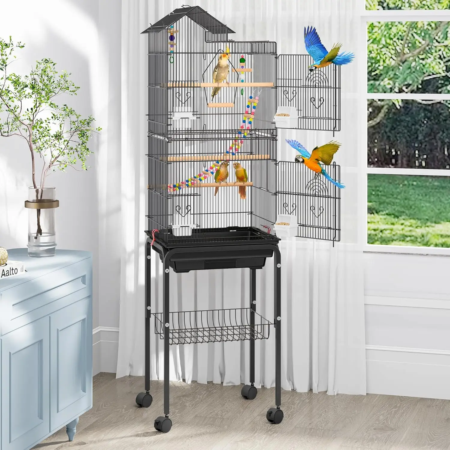 

YITAHOME 62 inch Metal Bird Cage, Large Parakeet Cages for Parrot, Cockatiel, Lovebird, Pigeon with Roof Top, Rolling Stand