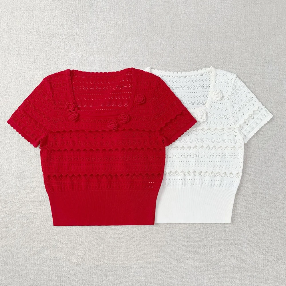 

Ladies Handmade Crochet Heavy Pure Cotton Square Collar Hollow out Flower Knitted Short Sleeve Top French Style Slim Fit Summ...