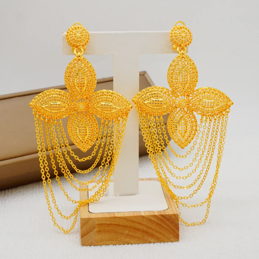 Bohemia Long Tassels Earrings African Dubai Gold Color Drop Earrings For Women Pendant Stud Earrings Wedding Jewellery Gifts