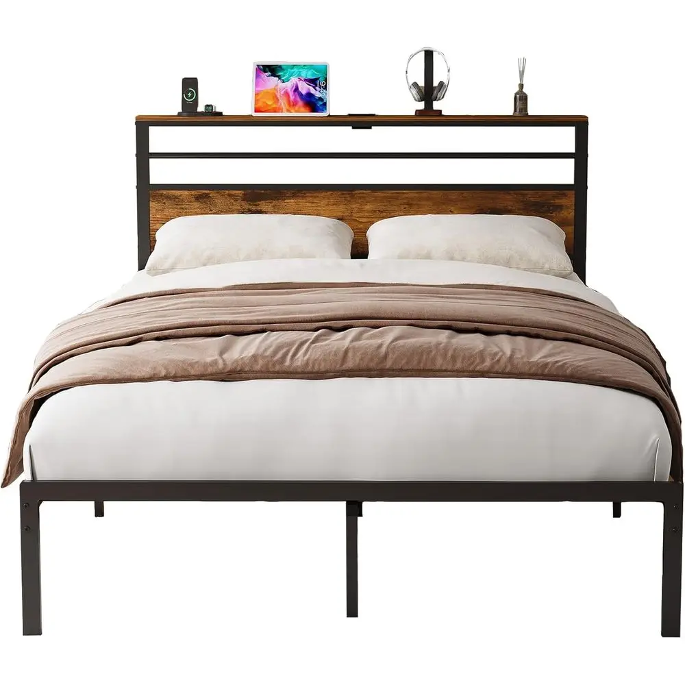 Bed e Twin Size with Storage board & Charging Station, Sturdy Metal Twin Platorm Bed e No Box Spring Needed, Twin Bed e Low to G