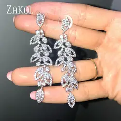 ZAKOL Fashion CZ Leaf Long Drop Bridal Earrings for Elegant Women Luxury Marquise Cubic Zirconia Wedding Party Jewelry EP2144