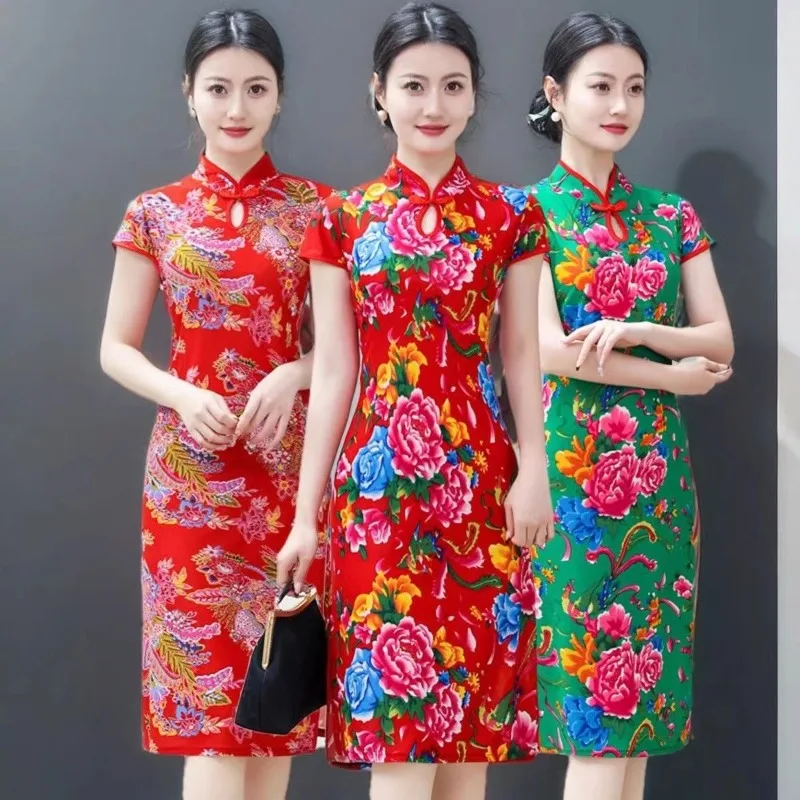 Summer Northeast Big Flower New Cheongsam Dress Feminine Temperament National Skirt Retro Dress Summer Qipao