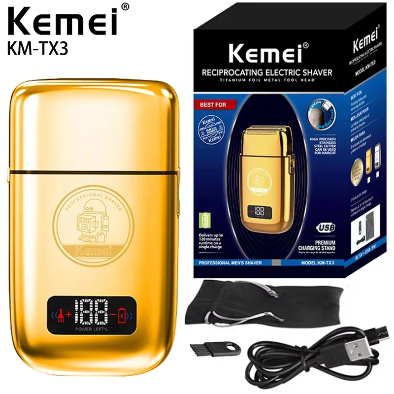 Hot Sale Kemei Km-Tx3 2021new design Anti Pinch Hair Product Electric Gold Metal Body Shaving Usb Charging Reciprocating Shaver