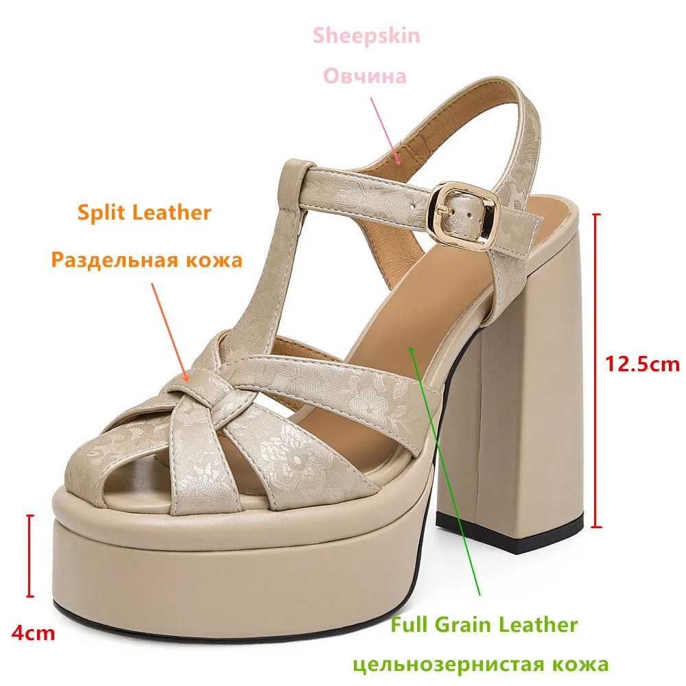 Aucegi Summer Apricot Silver Women Embossed Leather Sandals Round Toe Platform Square High Heels Fashion Career Dress Shoes