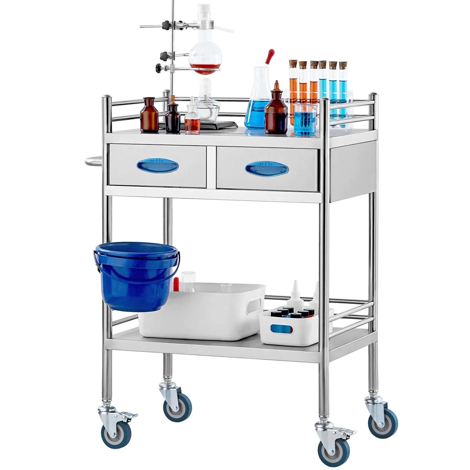 Medical Dental Lab Serving Cart Trolley 2-Drawer Portable Stainless Steel