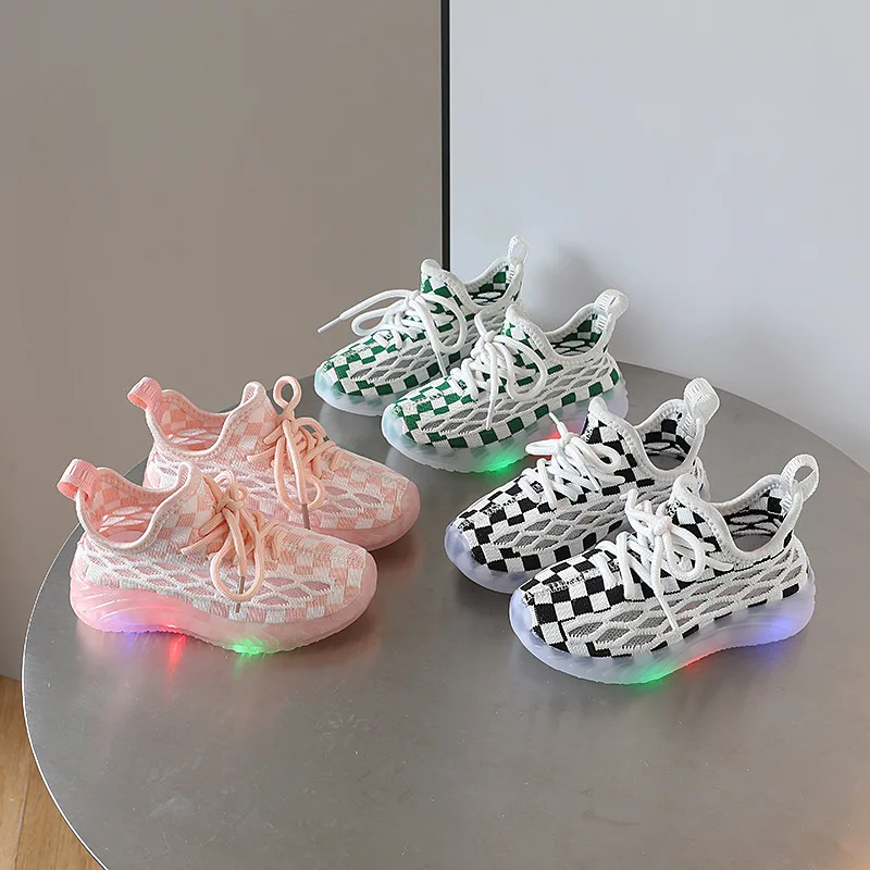 2023 Spring and Autumn Light Up Flying Woven Sneakers Boys and Girls Casual Shoes Small Children Soft Soled Baby Toddler Shoes