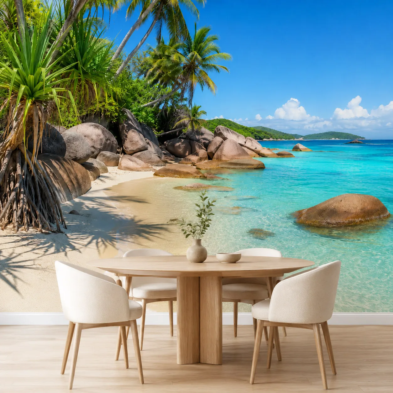 Tropical Paradise Beach Wall Mural Wallpaper Palm Trees Turquoise Sea Granite Rocks Dining Room Non Self Adhesive Paste Required