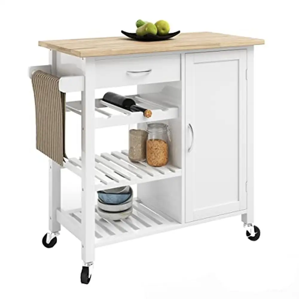 Kitchen Rolling Cart with Wine Rack Towel Bar Storage Shelves White Farmhouse Style Mobile Island Coffee Bar Microwave Stand