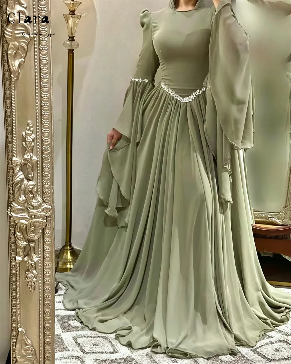 Clara personalizzato strass rosso manica lunga una linea abito da sera da sposa da donna di lusso 2025 abiti da ballo di lusso D/festa elegante