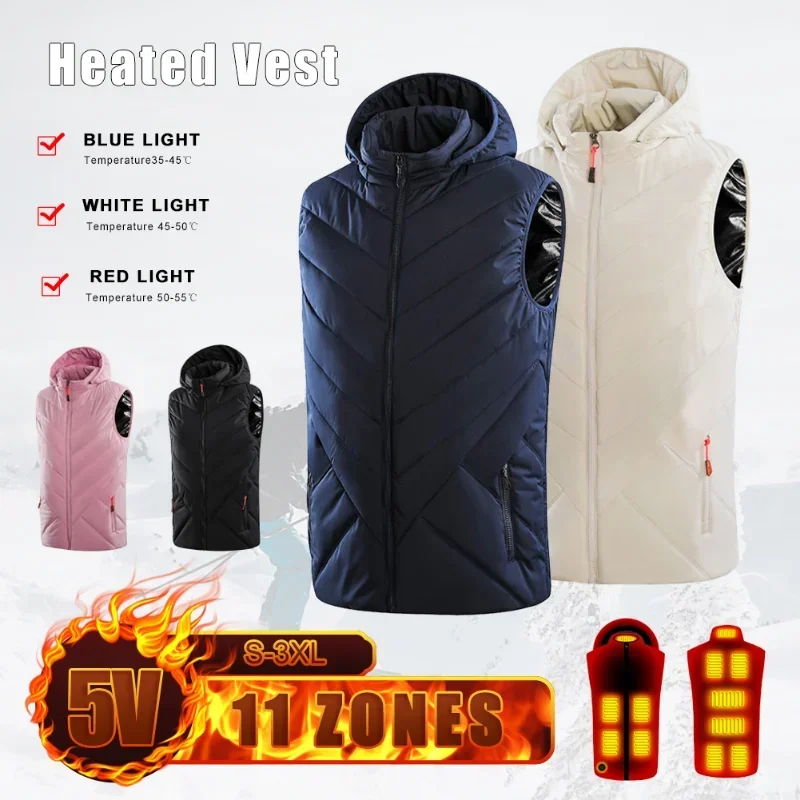 Heated Vest Women Men Motorbike Jacket Outdoor USB Heating Vest Washable Heated Jackets Sleeveless Detachable Cap Cotton Coat