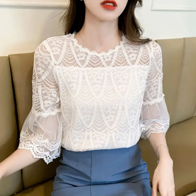 

Elegant White Lace Shirt Women's Mid-Sleeve Fairy-Like Trendy Summer New Arrival plus Size Female Top Cleanfit Style