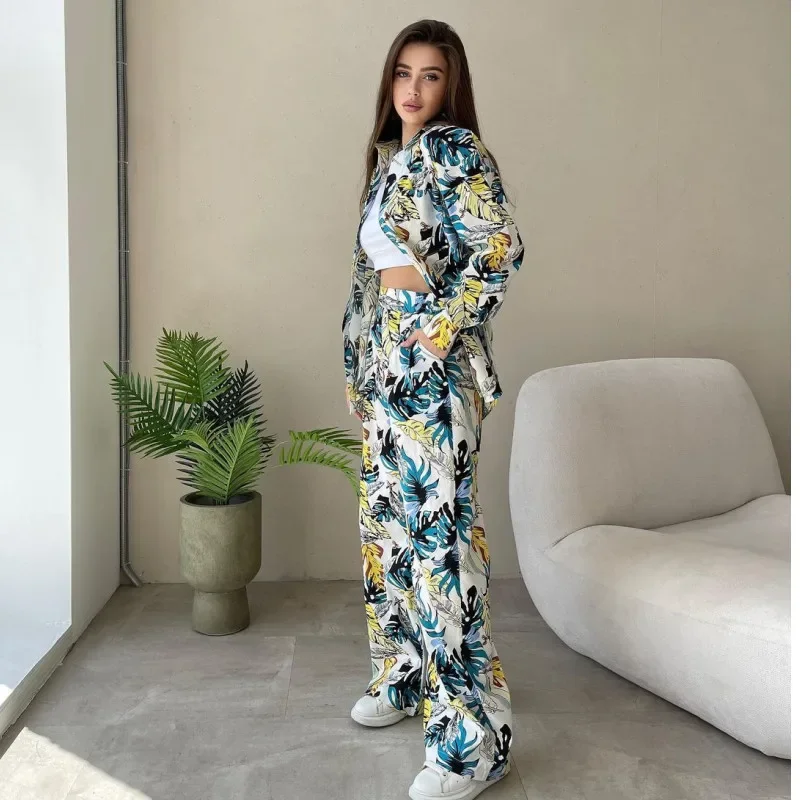 Women Tracksuit Two Pieces Set Long Sleeve shirts Turn Down Collar Single Breasted Print Pockets Wide Leg Pants High Street 2023