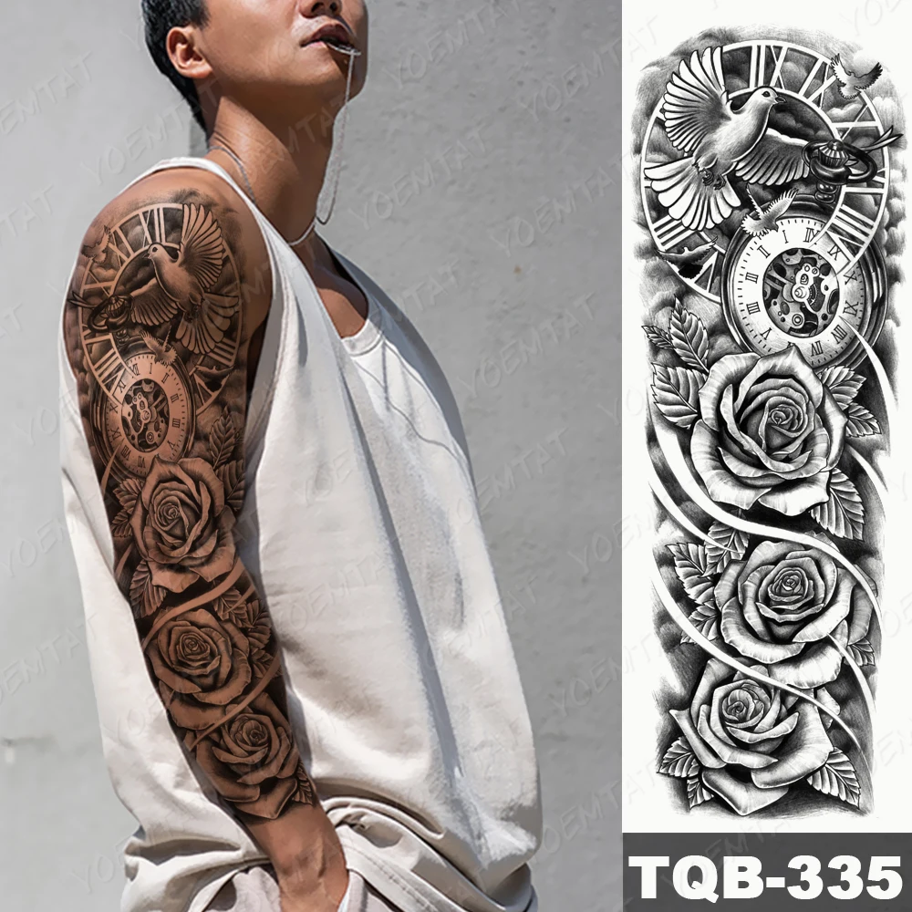 Large Full Arm Sleeve Waterproof Temporary Tattoo Sticker Clock Rose Flower Dove Bird Totem Fake Tatoo Body Art Men Women Leg