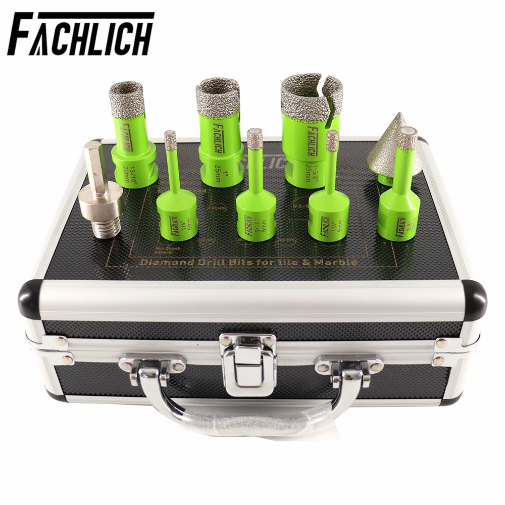 

FACHLICH 9pcs Dia6/6/8/10/20/25/35mm Diamond Drill Core Bits 5/8-11 Thread +35mm Milling Chamfer+Hex Shank Adapter Tile Marble