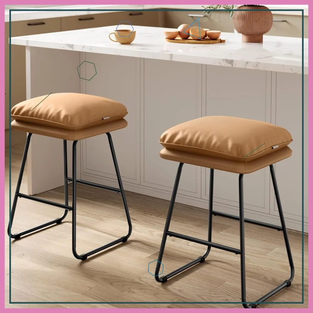 

Modern Leather Counter Stools Set of 2 with Soft Cushion - Perfect for Kitchen Islands, 25.6 Inch Height Bar Chairs