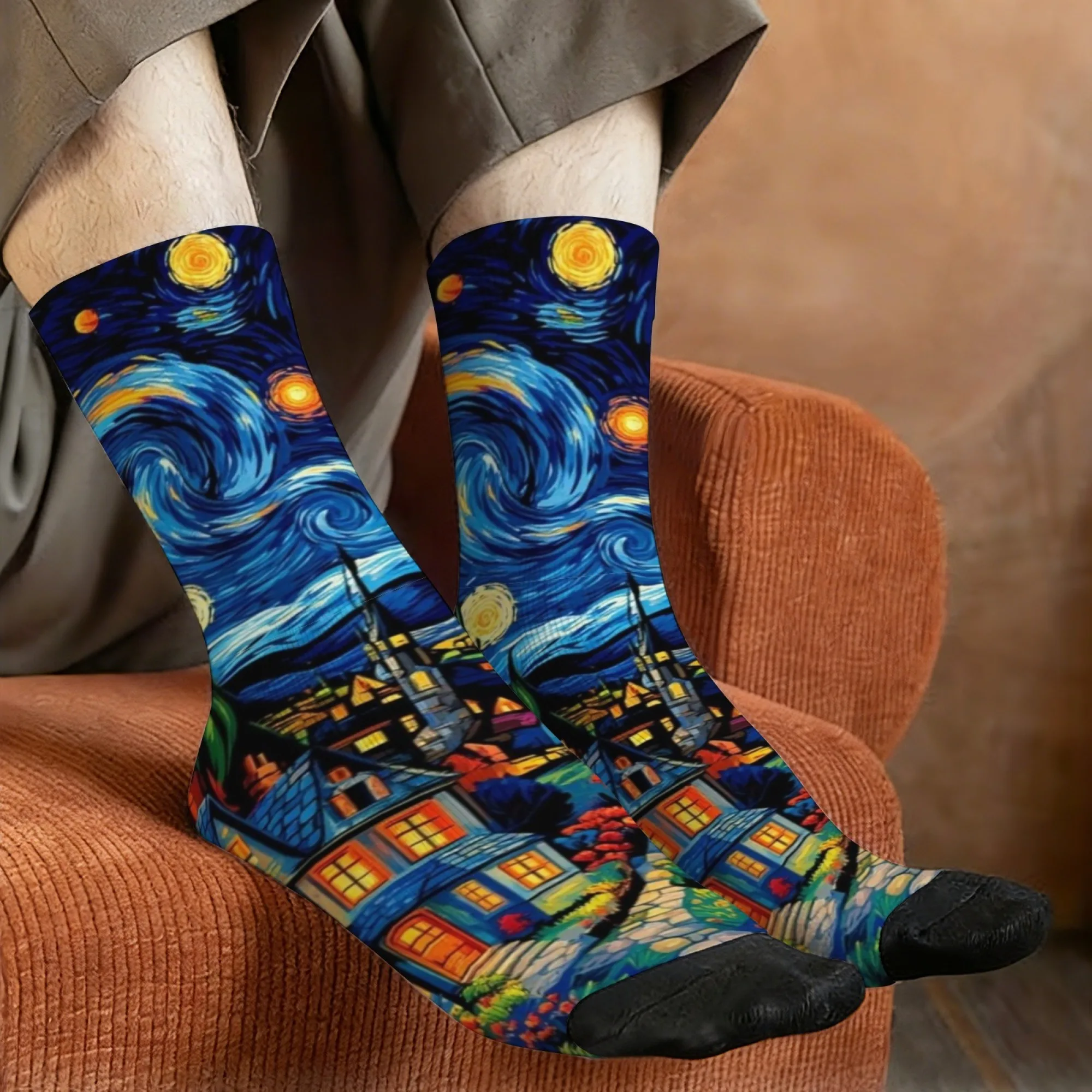 Van Gogh Inspired Printed Socks Asymmetrical Art Illustration Men's Mid-calf Socks Post-Impressionist Style for Gallery Visits