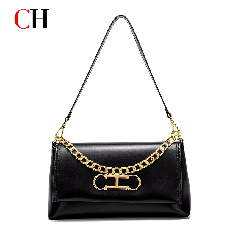 CH Elegant Black Leather Women Shoulder Bag Metal Logo Flap Handbag Chain Strap Office Commute Daily Casual