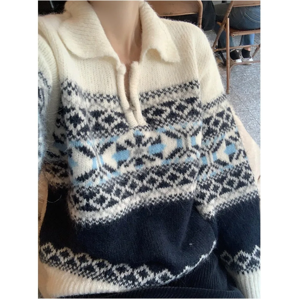 Retro koreański sweter rozpinany z dzianiny w stylu Fair Isle, damski, jesienno-zimowy, luźny sweter z kołnierzykiem typu jaet, mały rozmiar
