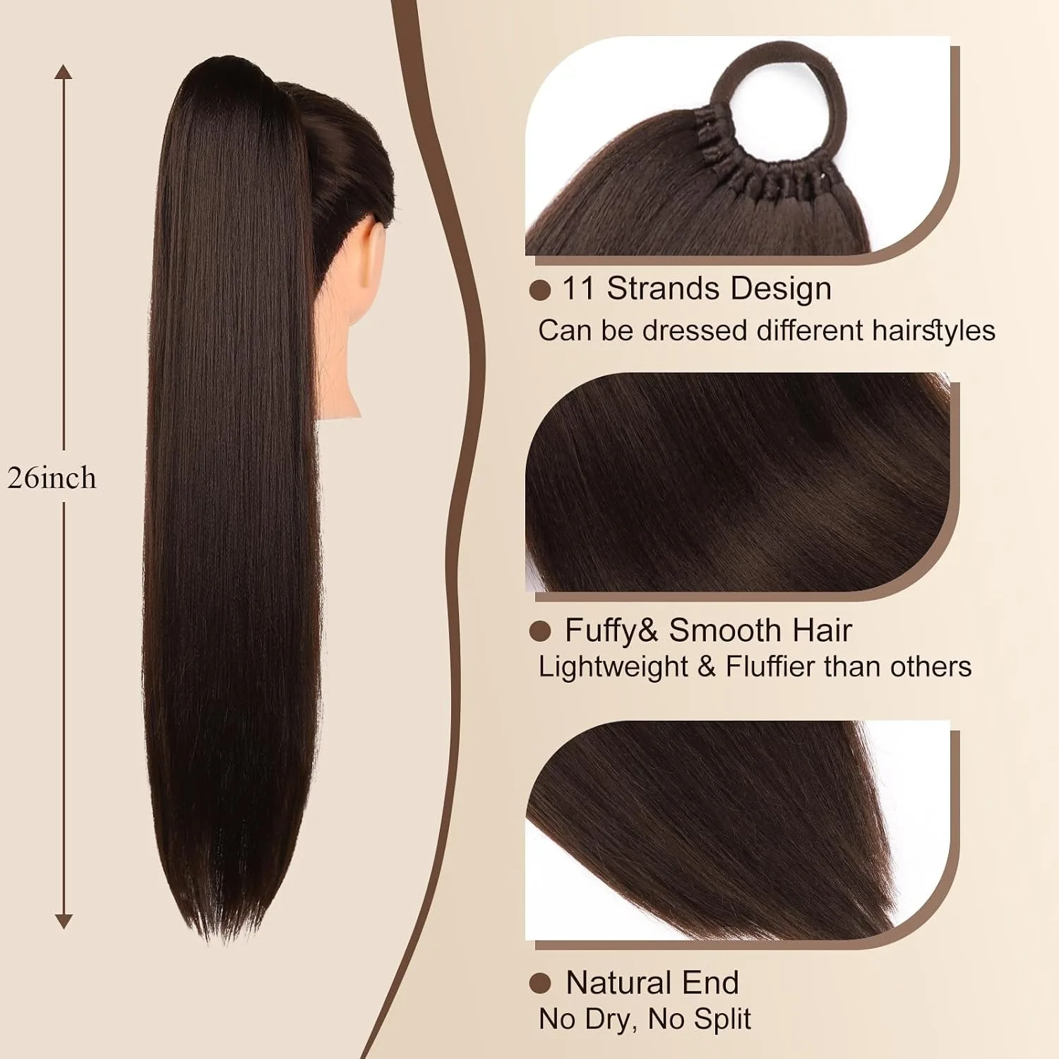 Synthetic 24inch long straight wig ponytail, headband ponytail, elastic rope ponytail