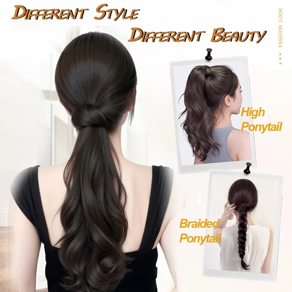 レイヤードボディウェーブ合成ウィッグポニーテール、グリップクリップ付き、ふわふわウェーブクロークリップポニーテールヘア、女性用耐熱ヘアピース