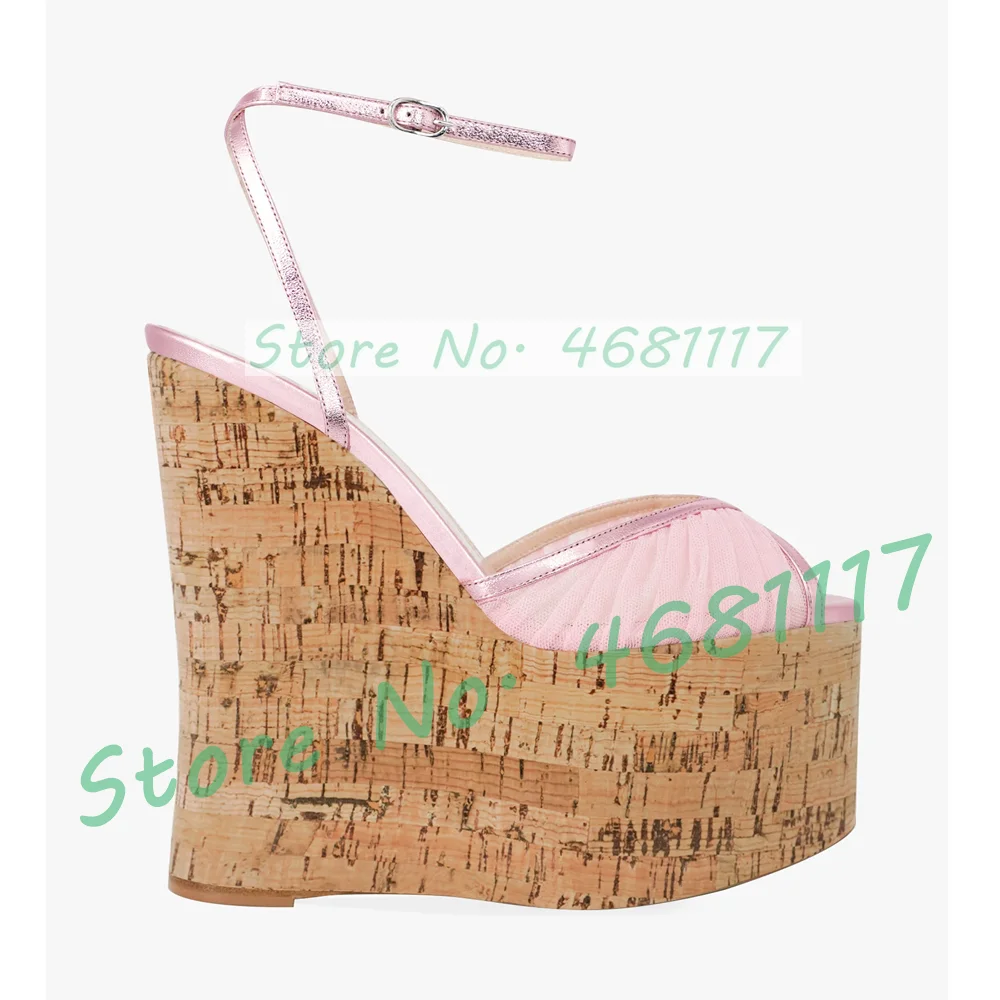 

Airy Tulle Cork Wedge Summer Sandals Women Luxury Crystal Ankle Strap Platform Heels Ladies Sparkly Big Size Peep Toe Sandals