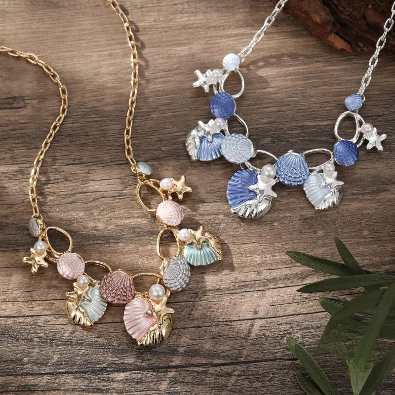 

Bohemian Beach Shell Pendant Necklace Multicolor Enamel Starfish Pearl Chain Gold Silver Tone Ocean Theme Necklace Jewelry