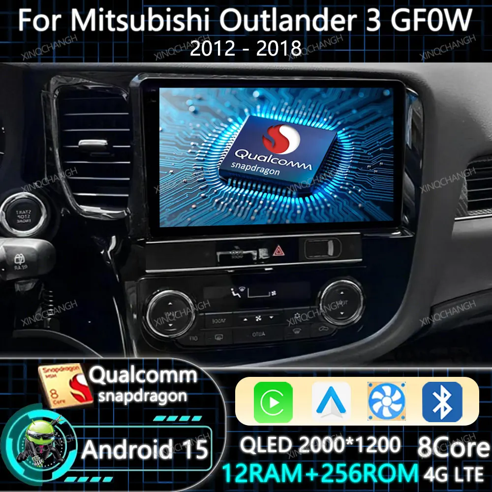 Autoradio Android 15 Carplay Auto 9 pouces pour Mitsubishi Outlander 3 GF0W GG0W 2012 - 2018, unité principale GPS 4G LTE 5G WIFI Qualcomm