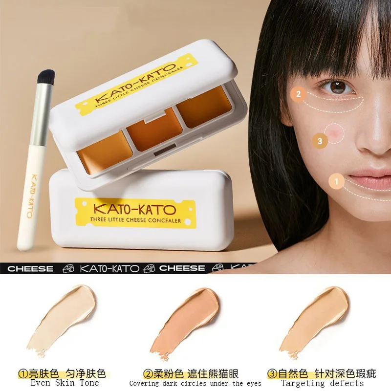 

Kato Tricolor Concealer Liquid Pan Contour Highlighter Integrated Brightening Covering Spots Acne Scars Dry Oily Skin Woman