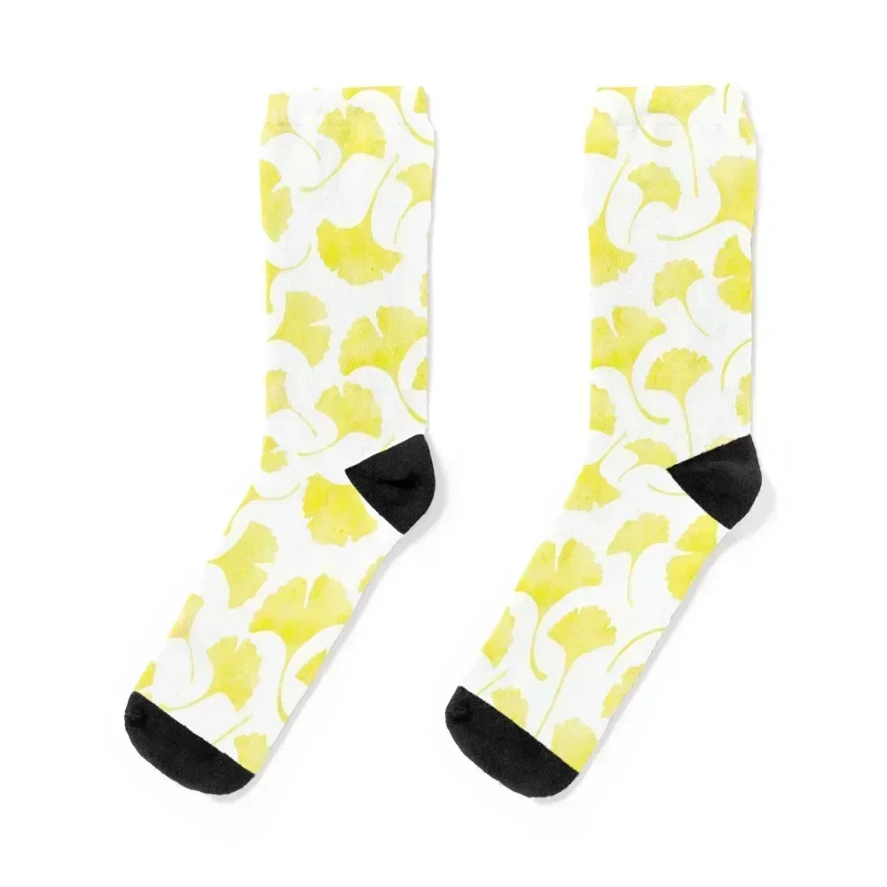 

Ginkgo Watercolor Leaves Pattern on White Socks summer football warm winter cotton Man Socks Women's