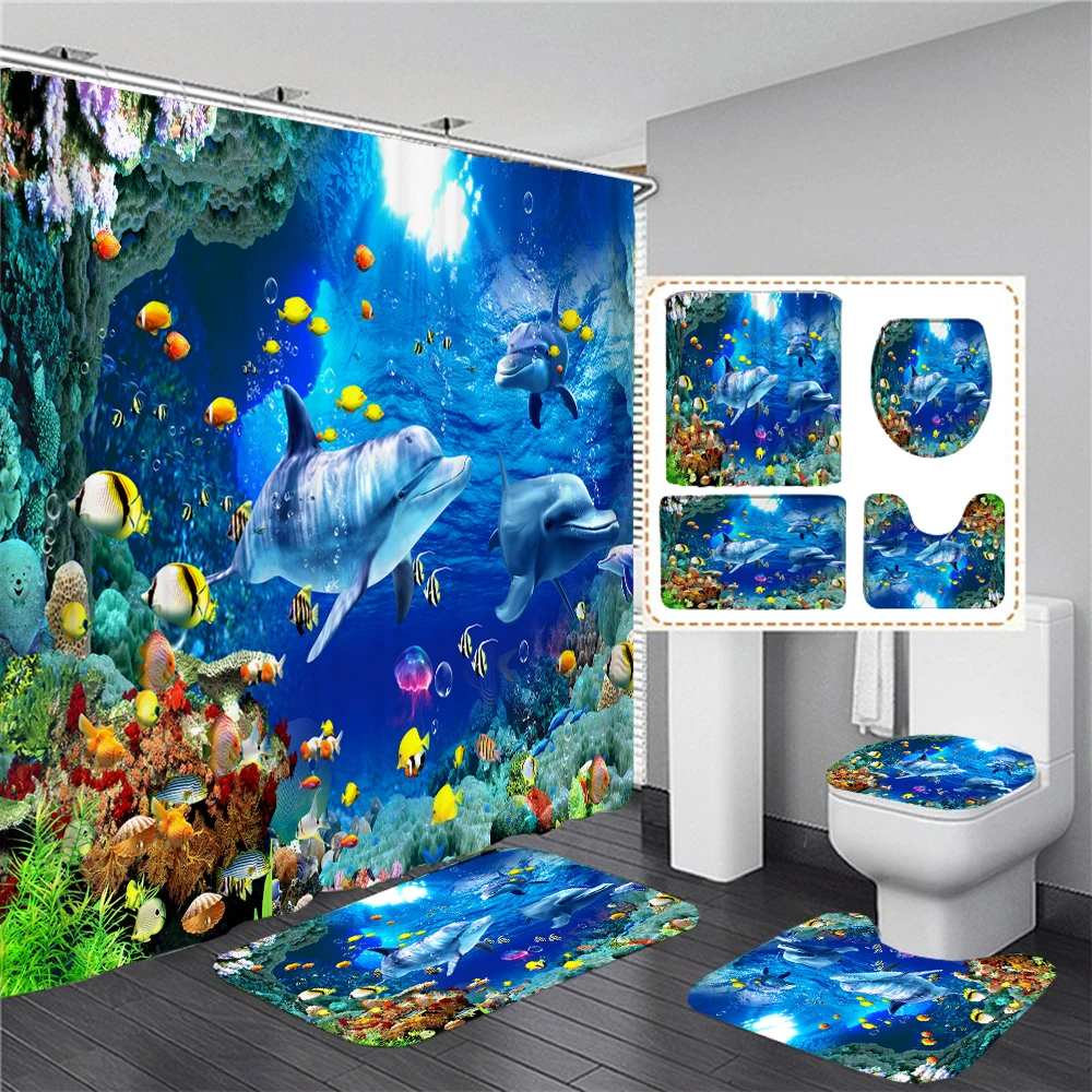 Ocean Underwater World Turtles Dolphin 3D Printing Waterproof Shower Curtain with Rug Toilet Cover Bath Mat Set Bathroom Decor