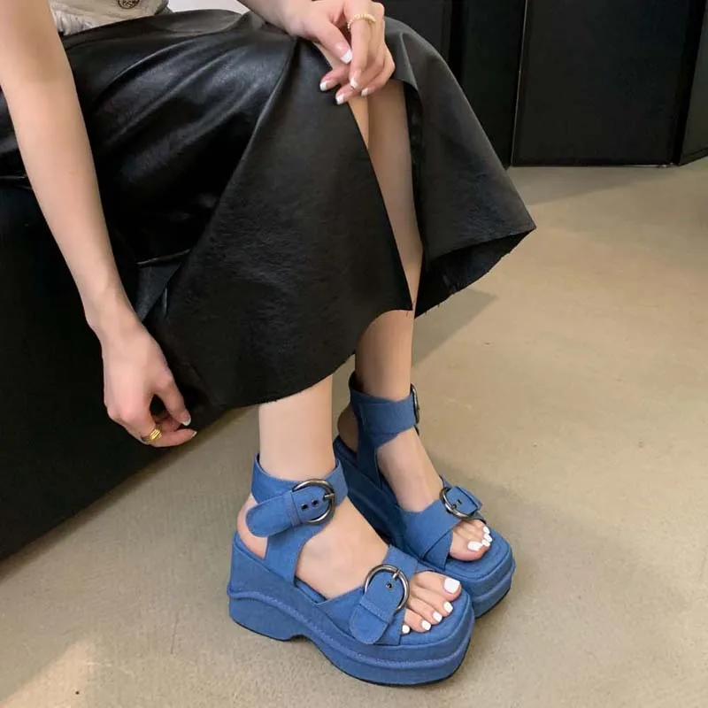 

Black Platform Wedges Sandals Blue Denim Chunky Shoes Summer Punk Ankle Buckle Party High Heels For Women 2024 Sabdalia De Mujer