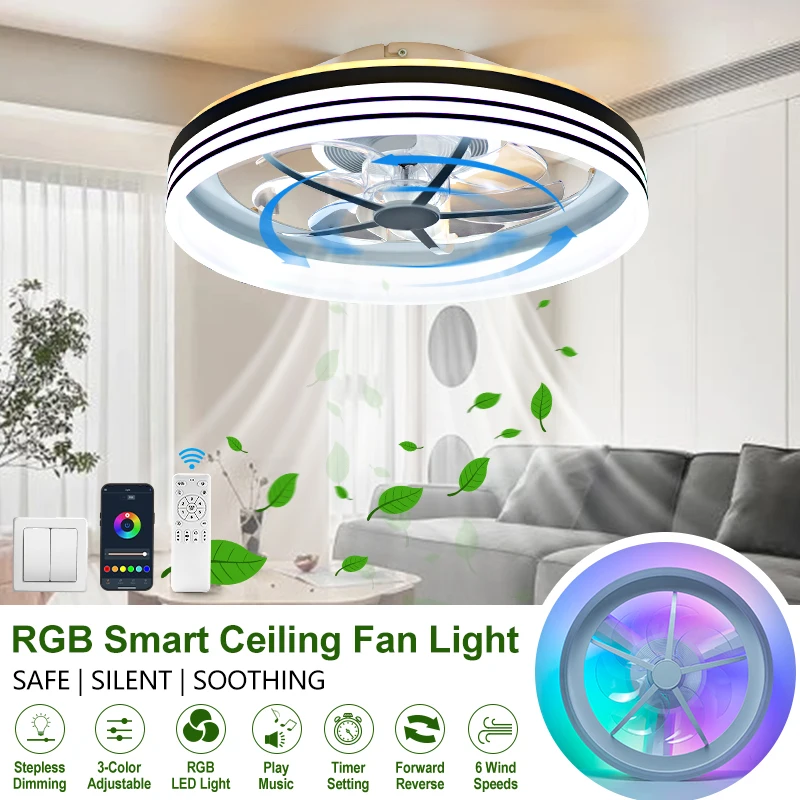 Ceiling Fans With Lights Living Room Bedroom Remote APP Control Dimming Six-speed Modern LED Fan Light RGB Music Chandelier Fan