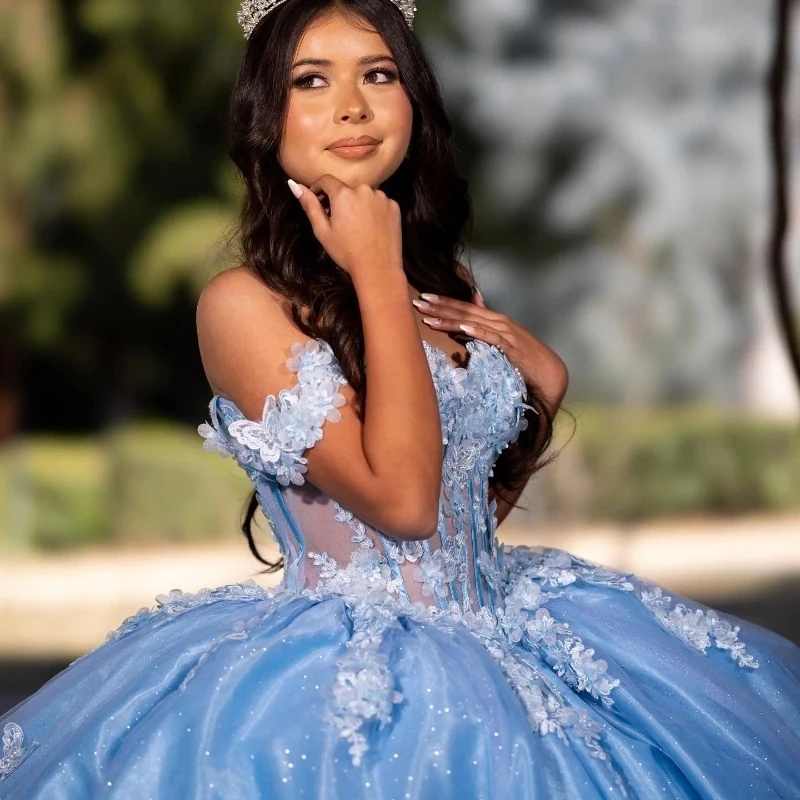 Sky Blue vestidos de 15 años Luxury Quinceanera Dress 2024 Applique Bow Tull Princess Ball Gowns Sweet 15 16 Dresses