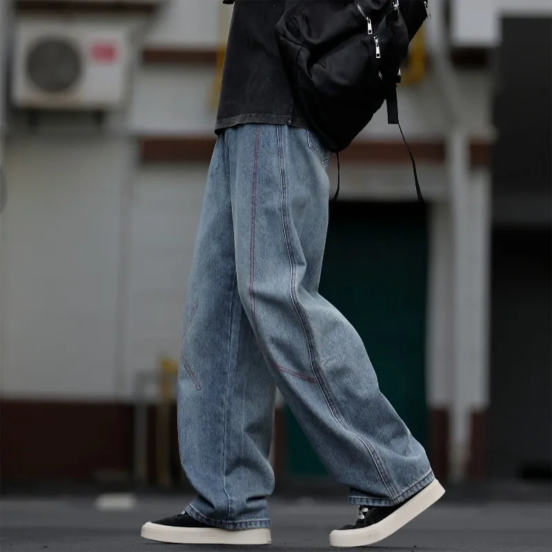 

Y2K Men's Loose Fit Casual Elastic Denim Jeans American Retro Original Color Semi-Elastic Micro-Curved Blade Denim Pants
