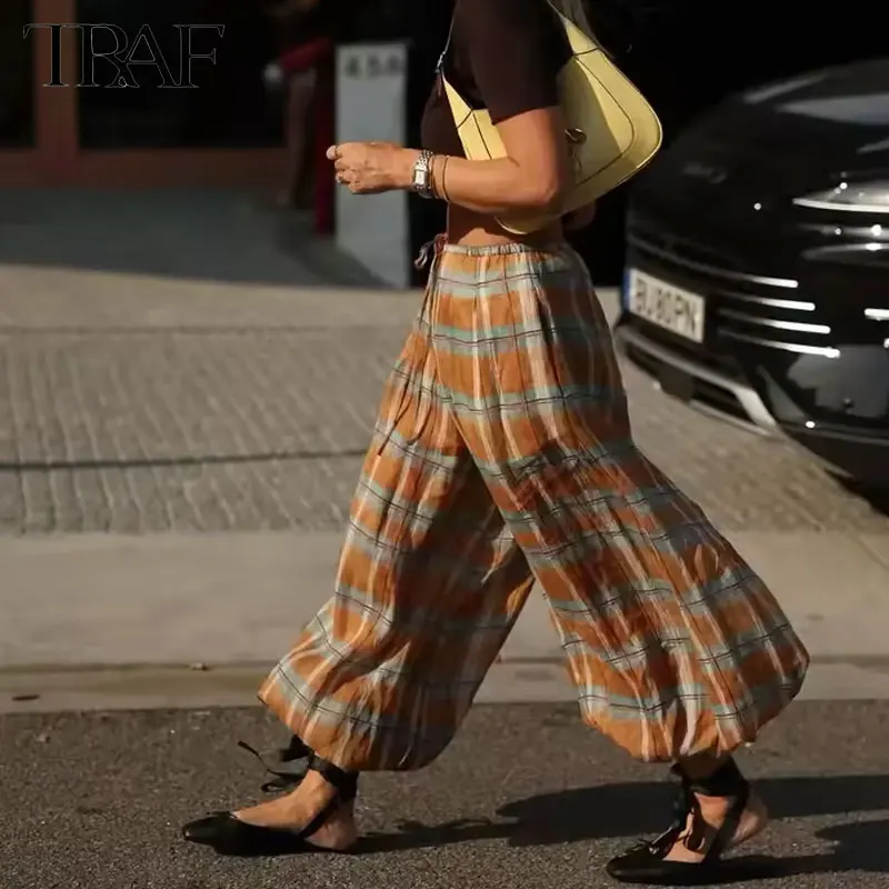 2025 Women's Pants Check Balloon Trousers for Woman Mid-Rise Elasticated Drawstring Waistband Loose Comfort Casual Pants