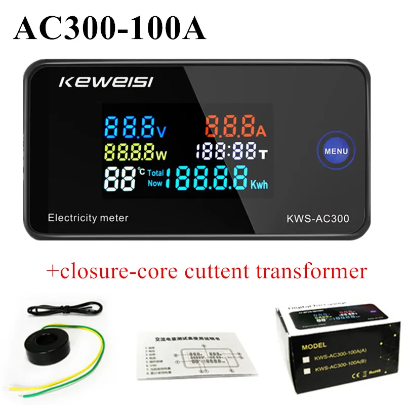 6 in 1 KWS-AC300 100A Digital Wattmeter AC Ammeter KWS Power Energy Meter Volt Watt Kwh LED Voltmeter with Reset Function