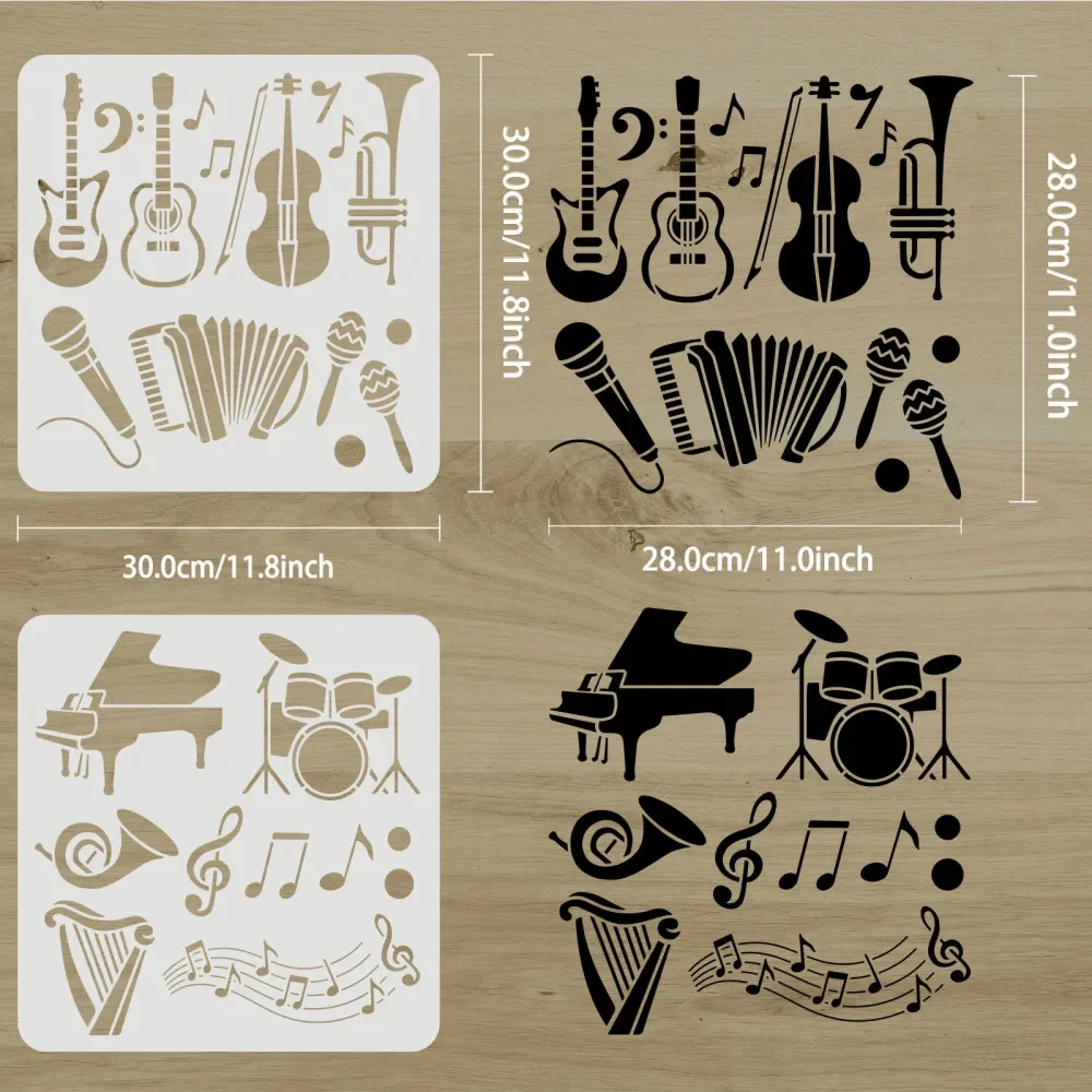 2pcs Musical Instruments Stencils Reusable Music Drawing Rock Band Orchestra Stencil for Painting on Wood Floor Furniture Wall