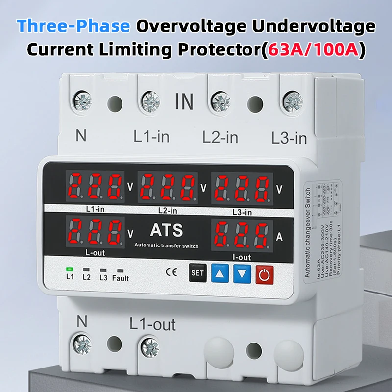 Three Phase Adjustable Over and Under Voltage Protector Relay With Current Protection 63A 100A with Automatic Reset Function
