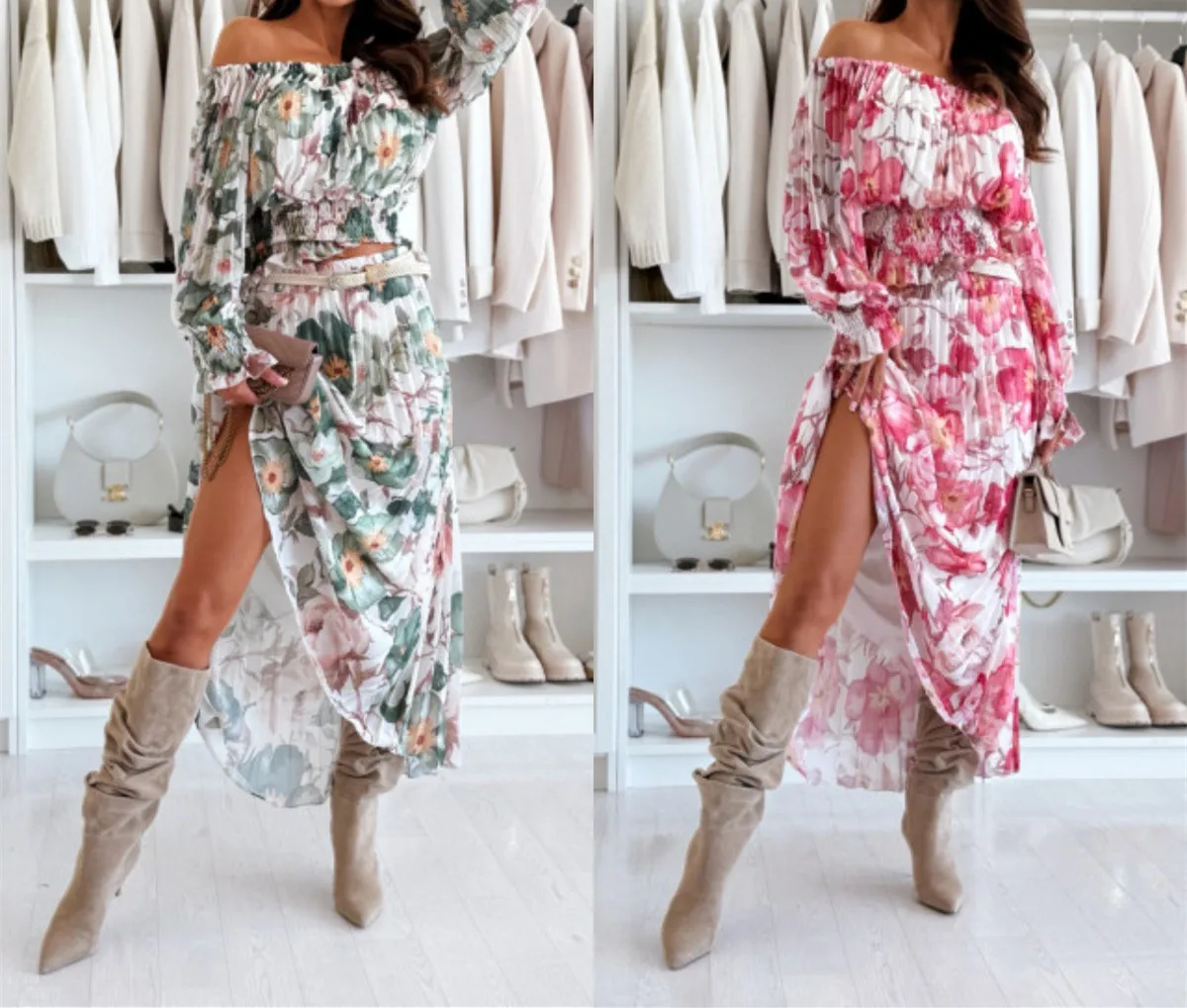 

New Fashion Sexy Long Sleeve Slash Neck Print Floral Slim Fit Shirt + Elastic Waist Mid-Calf Skirt Sets For Women,2 Colors