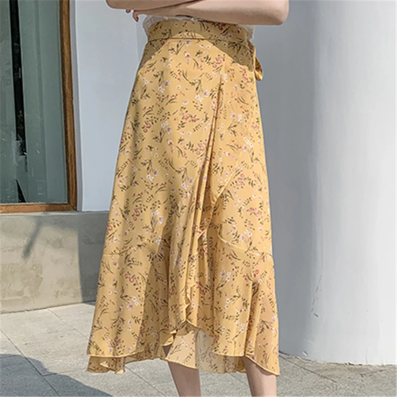 Einteilige binden Frauen Chiffon Blumen röcke hohe Taille elegante Chiffon gedruckt lässige Midi A-Linie Röcke weiblich 2024 neu