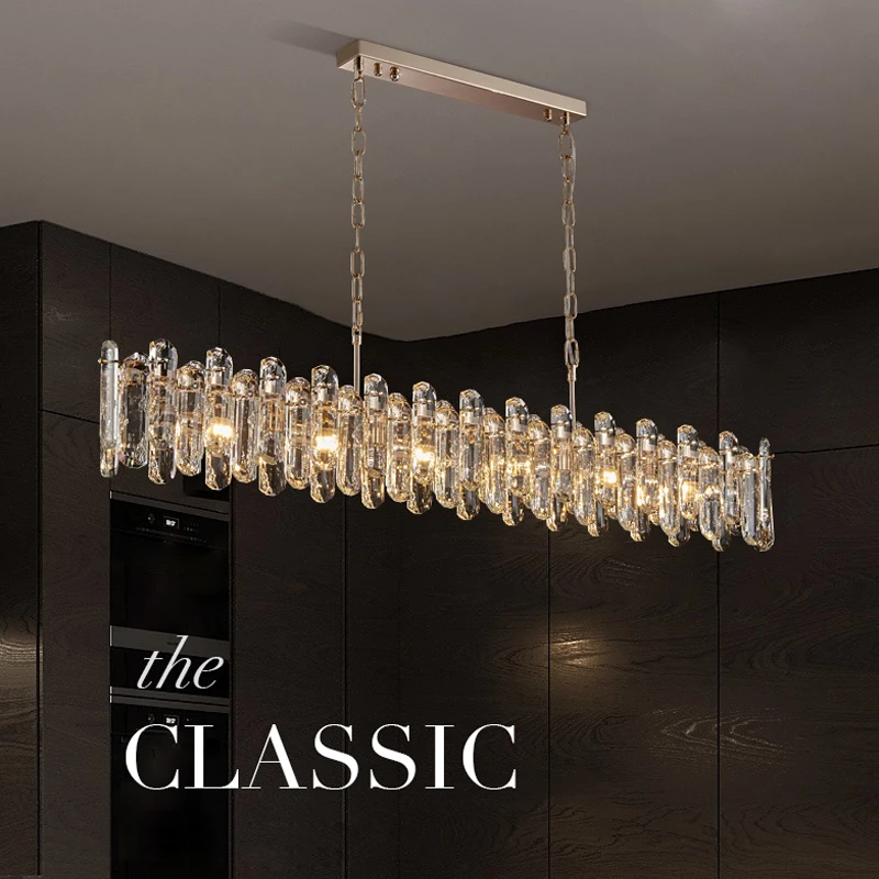 Modern Led Long Chandelier For Dining Room Luxury Rectangle Kitchen Lamp Gold New Creative Design Shiny Cristal Hanging Lighting