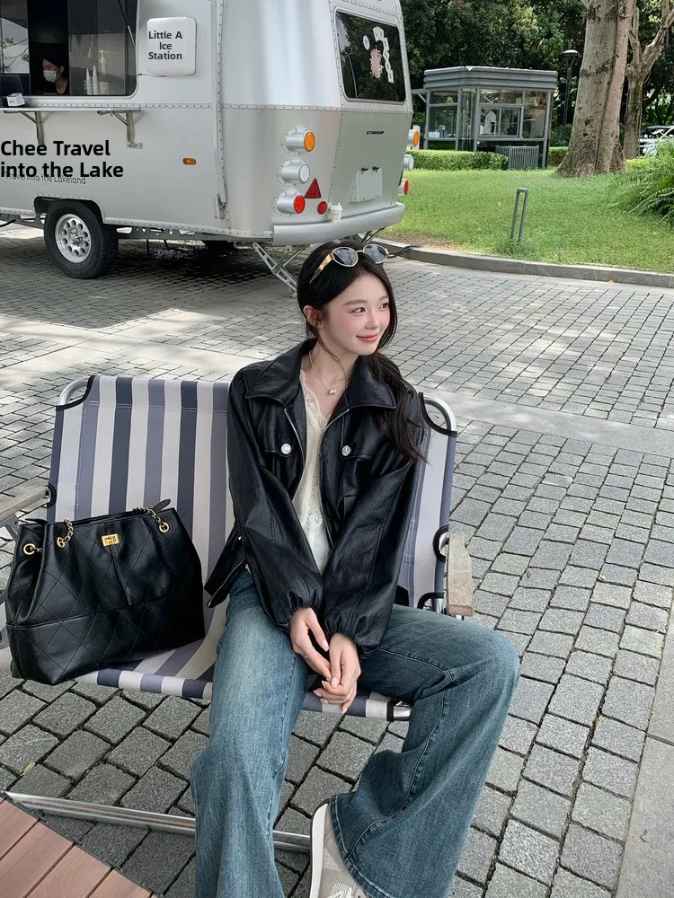 

Bla Long Sve Leather Jaet Women's Loose Design Autumn New Sle Small Size Youth Faionable Outerwear Coat